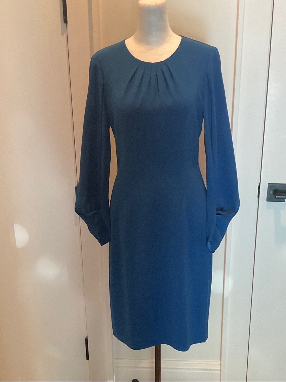 Kobi Halperin Teal-Blue Long Sleeve Pleated Neck Dress